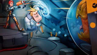 Cartoon man space suit gun - her hand free wallpaper