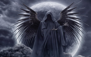 Man hooded cloak wings full - a full moon behind free wallpaper