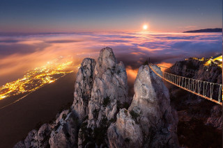 Suspension bridge mountain city night - over a mountain free wallpaper