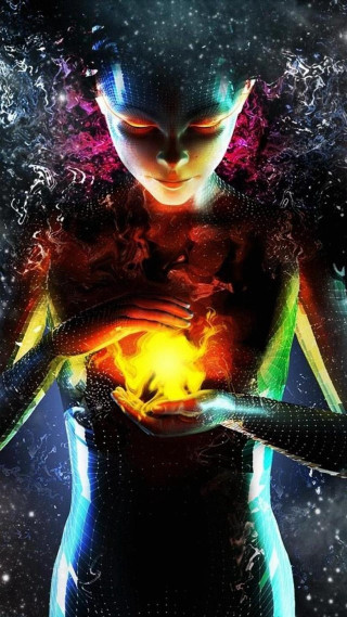 Woman holding ball of fire - cyberpunk art free wallpaper for mobile