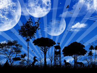 Man ladder field trees moon - a painting of a man free wallpaper for desktop