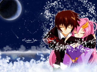 Anime couple hugging snow moon - a moon in the background free wallpaper