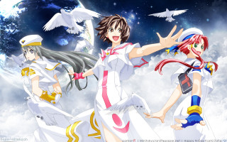 Anime girls white dresses flying - a moon in the background free wallpaper