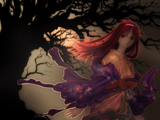 Woman red hair dress walking - a full moon behind her free wallpaper