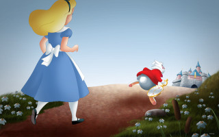 Girl running castle red hat - storybook illustration free wallpaper for desktop