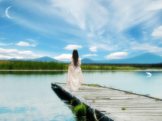 Woman dock water boat sky - dreamlike free wallpaper for desktop