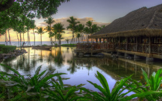 Tropical resort lake boat sunset - tropical free wallpaper for desktop