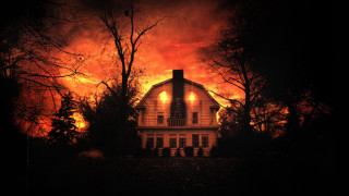 House dark red sky trees - a red sky in the background free wallpaper