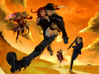 Flying people grass dirt sky - top of a field free wallpaper