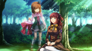 Anime girls sitting woods together - the wood together free wallpaper