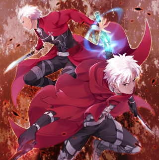 Anime characters red outfits swords - their hand free wallpaper for tablet