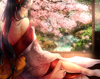 Woman kimono sitting floor window - impressionism free wallpaper