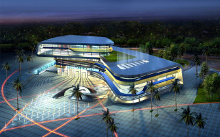 Futuristic building circular walkway fountain - a futuristic building free wallpaper