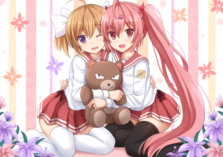 Anime girls teddy bear sitting - each other holding free wallpaper