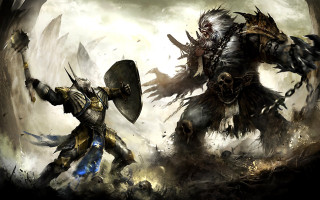 Men armor fighting cave demon - chris rahn free wallpaper