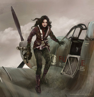 Woman leather jacket walking plane - a propeller free wallpaper