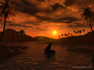 Boat lake sunset palm trees - palm tree and mountains free wallpaper