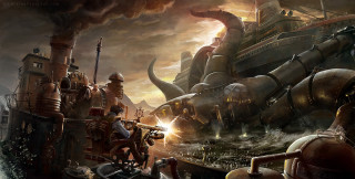Giant octopus attack harbor steampunk - a horse and a man free wallpaper