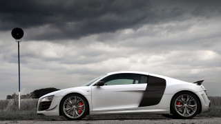 White sports car cloudy sky 22 - a street light in the background free wallpaper