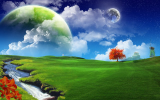 Green landscape stream tree windmill 2 - a green landscape free wallpaper for desktop