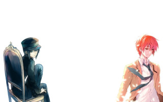 Anime characters sitting chair white - a white background behind them free wallpaper