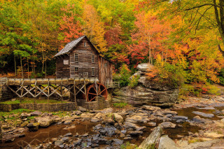 Wooden bridge river fall foliage - a wooden structure free wallpaper