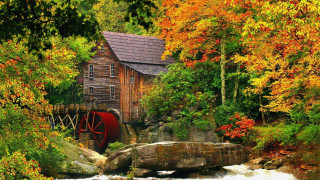 Water mill fall foliage scene - the river free wallpaper