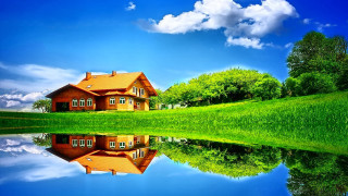 House reflection lake green field 2 - a green field and trees free wallpaper
