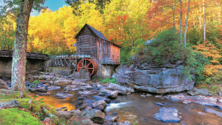 Wooden water mill autumn foliage 2 - photograph free wallpaper for desktop