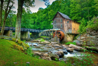 Wooden water mill forest bridge - underneath free wallpaper
