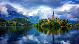 Lake church mountains trees cloudy - a church free wallpaper