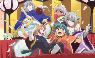 Anime characters group picture building - a picture together in front free wallpaper