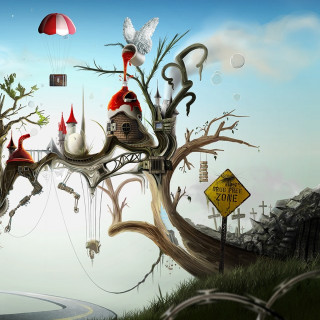 Surreal tree house bird red - surrealistic free wallpaper