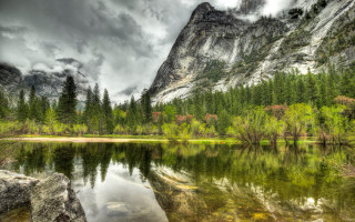 Mountain lake trees rocks cloudy - ansel adams free wallpaper for desktop
