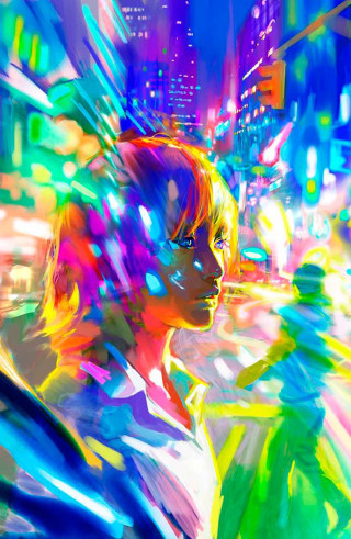 Woman neon light city street - neon color free wallpaper for mobile
