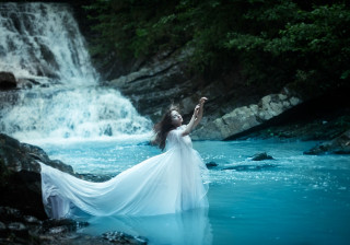 Woman white dress river waterfall 2 - a waterfall in the background free wallpaper for desktop