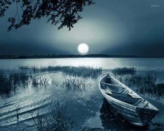 Boat lake tree night sunset 2 - dreamlike free wallpaper for desktop