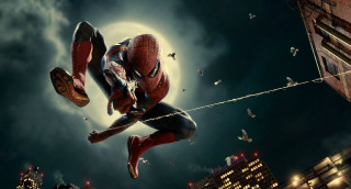 Spider man jumping air string - his hand and a city in the background free wallpaper