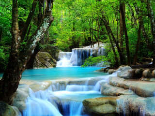 Waterfall forest blue water green - a blue pool of water free wallpaper