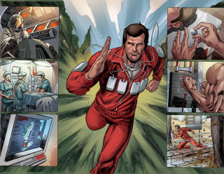 Man red suit running field - a comic page free wallpaper