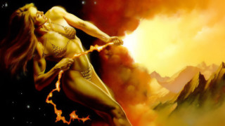 Woman sword mountain yellow sky - her hand and a mountain in the background free wallpaper