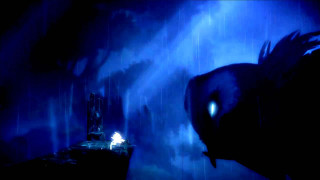 Dark blue bird building light - blue background free wallpaper for desktop