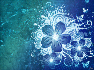 Blue flower butterflies abstract art - a blue frame free wallpaper for desktop