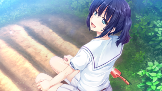 Girl sitting forest knife hand - the ground in front free wallpaper for desktop