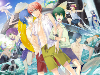 Group people water surfboard beach - a man in the background free wallpaper