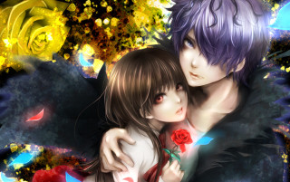 Anime couple hugging flowers background 2 - the background of them free wallpaper for desktop