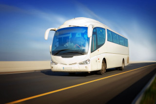 White bus driving road grass - turnaround free wallpaper