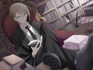 Man suit chair book cat - sophisticated free wallpaper