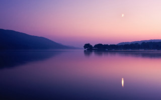 Lake tree hill sunset halfmoon - a half moon in the sky free wallpaper for desktop