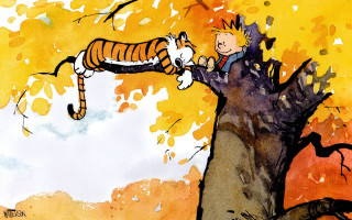 Tiger climbing tree man back - bill watterson free wallpaper